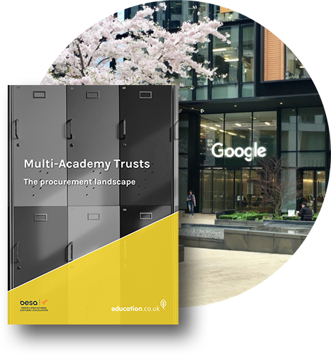 A photo of a sample page from the report overlayed 
              on top of a photo of Google HQ in London.